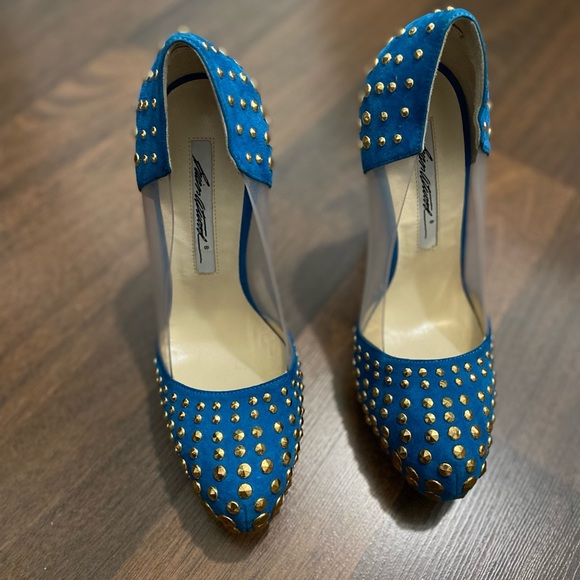 Brian Atwood Italian Made Gold Stud Blue Pump Heel Suede Clear Vinyl Siz… - Picture 16 of 16